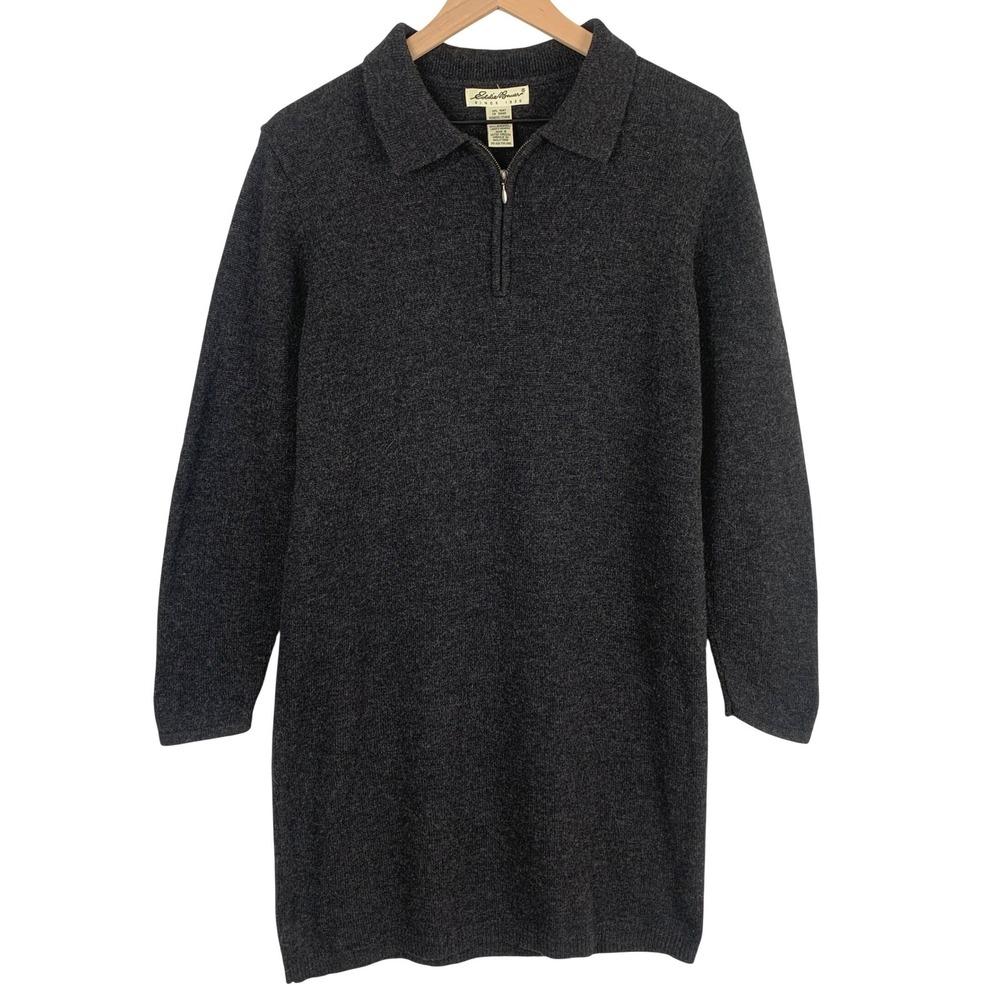 Eddie Bauer 100% Lambswool Quarter Zip Sweater Dress Sz L Charcoal Gray UK Made